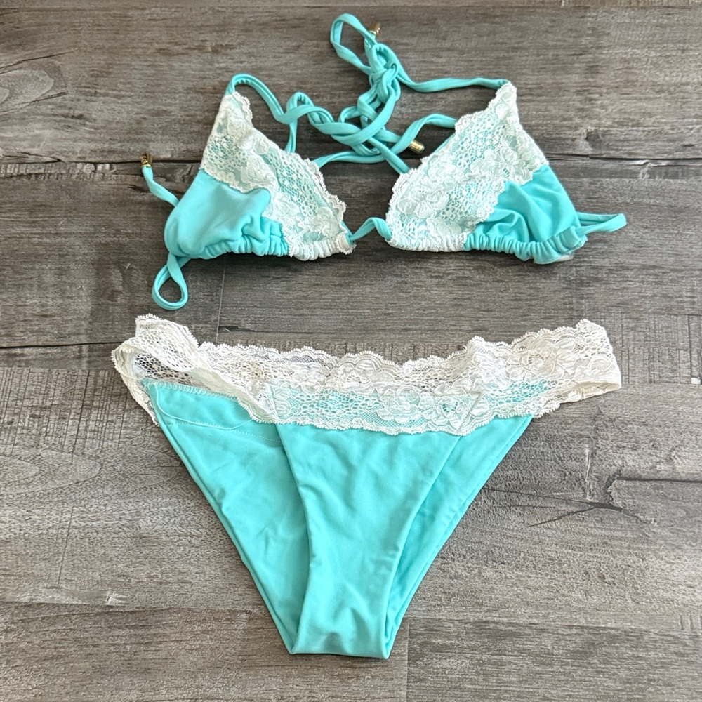 Aqua and White Lace Bikini Set